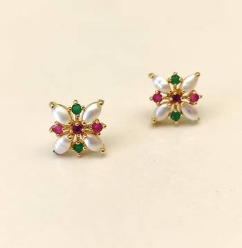 Certified natural freshwater pearls jewellery floral stud earrings with pearl, ruby & emerald stones gold-toned setting. 2