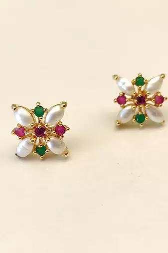 Certified natural freshwater pearls jewellery floral stud earrings with pearl, ruby & emerald stones gold-toned setting.