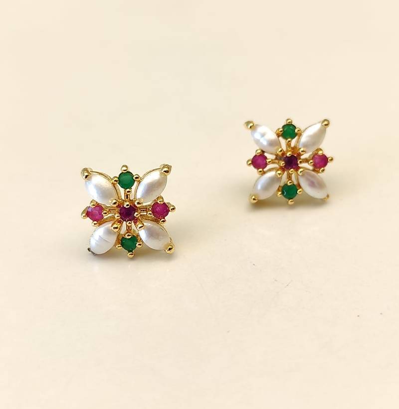 Certified natural freshwater pearls jewellery floral stud earrings with pearl, ruby & emerald stones gold-toned setting.