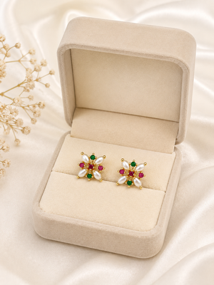 Certified natural freshwater pearls jewellery floral stud earrings with pearl, ruby & emerald stones gold-toned setting. 3