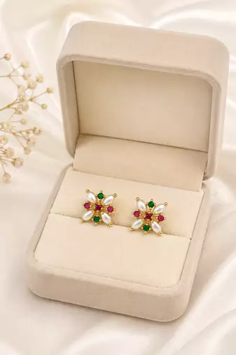 Certified natural freshwater pearls jewellery floral stud earrings with pearl, ruby & emerald stones gold-toned setting.