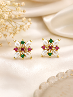 Certified natural freshwater pearls jewellery floral stud earrings with pearl, ruby & emerald stones gold-toned setting. 4