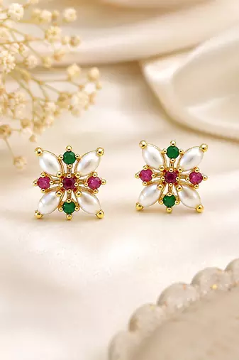 Certified natural freshwater pearls jewellery floral stud earrings with pearl, ruby & emerald stones gold-toned setting.
