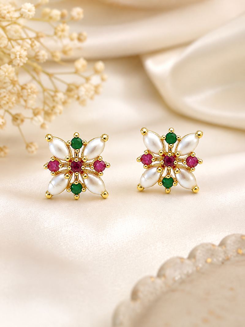 Certified natural freshwater pearls jewellery floral stud earrings with pearl, ruby & emerald stones gold-toned setting.