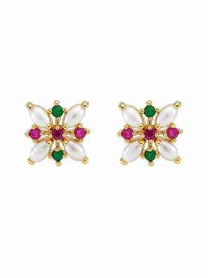 Certified natural freshwater pearls jewellery floral stud earrings with pearl, ruby & emerald stones gold-toned setting. 5