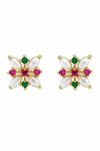 Certified natural freshwater pearls jewellery floral stud earrings with pearl, ruby & emerald stones gold-toned setting.