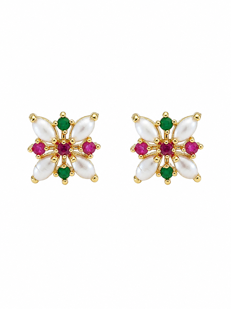 Certified natural freshwater pearls jewellery floral stud earrings with pearl, ruby & emerald stones gold-toned setting.