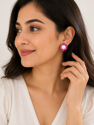 Certified natural freshwater pearls jewellery pearl & ruby stone floral stud earrings for women gold-toned setting. 1