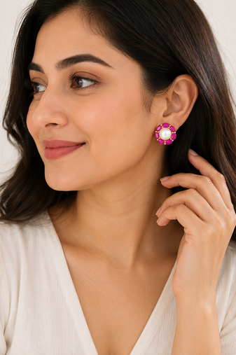 Certified natural freshwater pearls jewellery pearl & ruby stone floral stud earrings for women gold-toned setting.