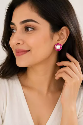 Certified natural freshwater pearls jewellery pearl & ruby stone floral stud earrings for women gold-toned setting.