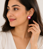 Certified natural freshwater pearls jewellery pearl & ruby stone floral stud earrings for women gold-toned setting.