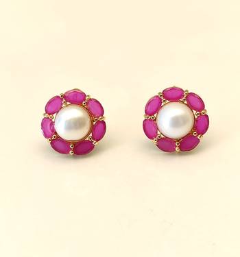 Certified natural freshwater pearls jewellery pearl & ruby stone floral stud earrings for women gold-toned setting. 2