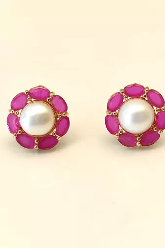 Certified natural freshwater pearls jewellery pearl & ruby stone floral stud earrings for women gold-toned setting.