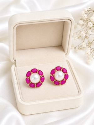 Certified natural freshwater pearls jewellery pearl & ruby stone floral stud earrings for women gold-toned setting. 3