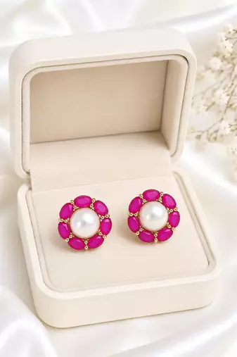 Certified natural freshwater pearls jewellery pearl & ruby stone floral stud earrings for women gold-toned setting.
