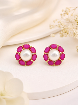 Certified natural freshwater pearls jewellery pearl & ruby stone floral stud earrings for women gold-toned setting. 4