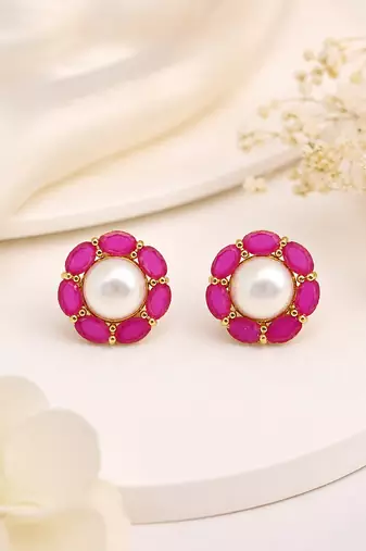 Certified natural freshwater pearls jewellery pearl & ruby stone floral stud earrings for women gold-toned setting.