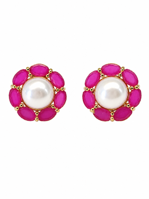 Certified natural freshwater pearls jewellery pearl & ruby stone floral stud earrings for women gold-toned setting. 5