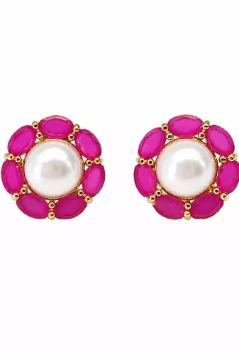 Certified natural freshwater pearls jewellery pearl & ruby stone floral stud earrings for women gold-toned setting.