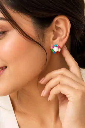 Certified natural freshwater pearls jewellery pearl centre multicolour stone stud earrings for women gold-tone setting.