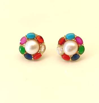 Certified natural freshwater pearls jewellery pearl centre multicolour stone stud earrings for women gold-tone setting. 2