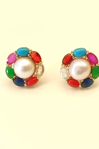 Certified natural freshwater pearls jewellery pearl centre multicolour stone stud earrings for women gold-tone setting.