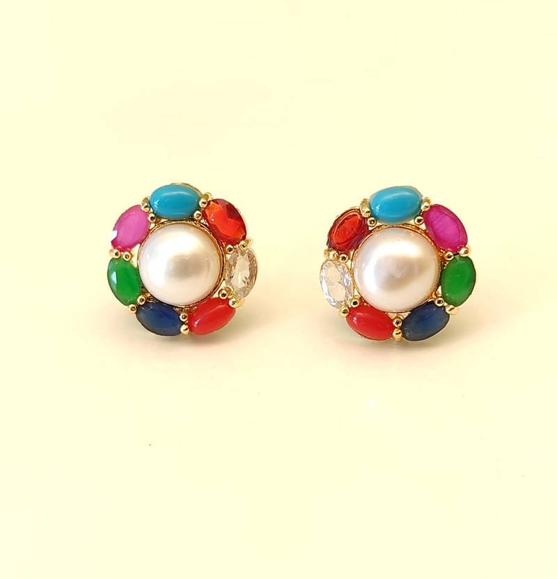 Certified natural freshwater pearls jewellery pearl centre multicolour stone stud earrings for women gold-tone setting.