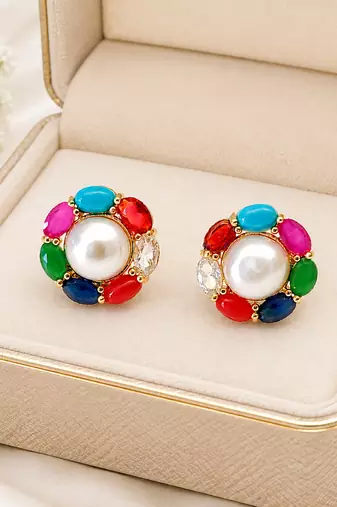 Certified natural freshwater pearls jewellery pearl centre multicolour stone stud earrings for women gold-tone setting.