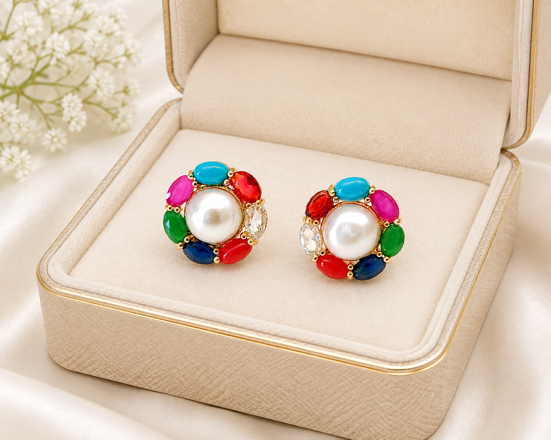 Certified natural freshwater pearls jewellery pearl centre multicolour stone stud earrings for women gold-tone setting.