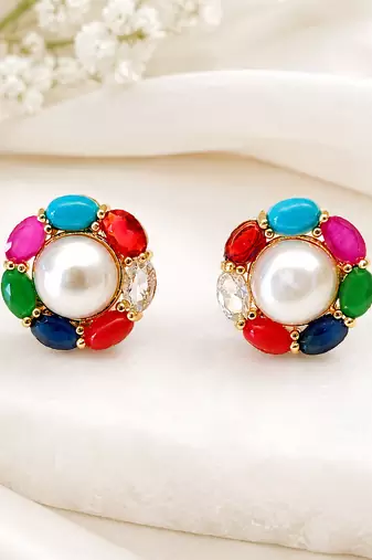 Certified natural freshwater pearls jewellery pearl centre multicolour stone stud earrings for women gold-tone setting.