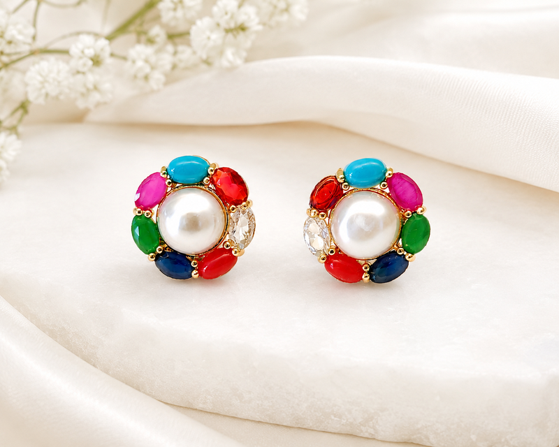 Certified natural freshwater pearls jewellery pearl centre multicolour stone stud earrings for women gold-tone setting.