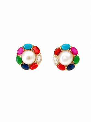 Certified natural freshwater pearls jewellery pearl centre multicolour stone stud earrings for women gold-tone setting. 5
