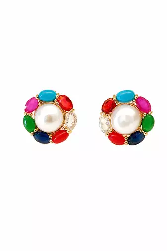Certified natural freshwater pearls jewellery pearl centre multicolour stone stud earrings for women gold-tone setting.