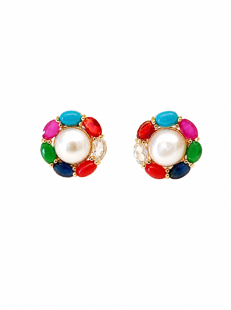 Certified natural freshwater pearls jewellery pearl centre multicolour stone stud earrings for women gold-tone setting.
