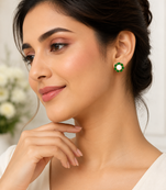 Certified natural freshwater pearls jewellery pearl& green stone floral stud earrings with gold tone setting flower halo