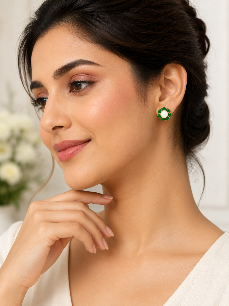 Certified natural freshwater pearls jewellery pearl& green stone floral stud earrings with gold tone setting flower halo