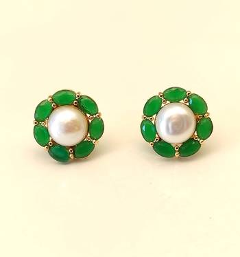 Certified natural freshwater pearls jewellery pearl& green stone floral stud earrings with gold tone setting flower halo 2