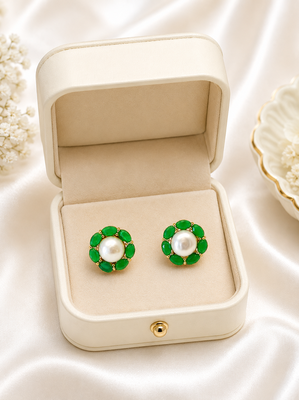 Certified natural freshwater pearls jewellery pearl& green stone floral stud earrings with gold tone setting flower halo 3
