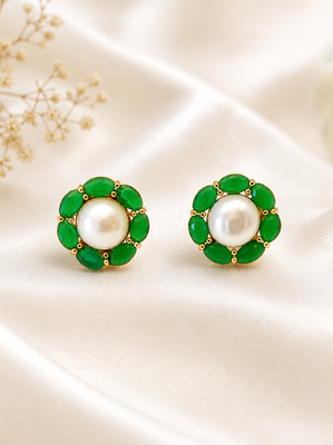 Certified natural freshwater pearls jewellery pearl& green stone floral stud earrings with gold tone setting flower halo 4