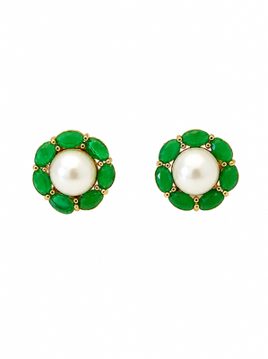 Certified natural freshwater pearls jewellery pearl& green stone floral stud earrings with gold tone setting flower halo 5