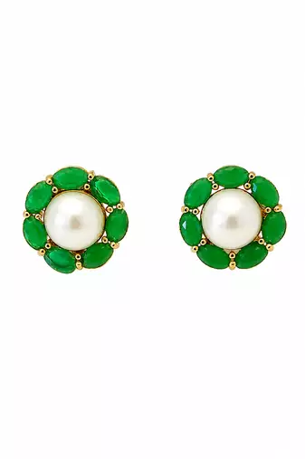 Certified natural freshwater pearls jewellery pearl& green stone floral stud earrings with gold tone setting flower halo