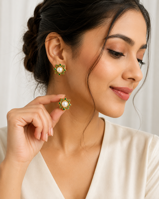 Certified natural freshwater pearls jewellery pearl & green stone floral stud earrings with gold tone setting pearl . 1