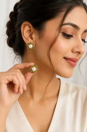Certified natural freshwater pearls jewellery pearl & green stone floral stud earrings with gold tone setting pearl .