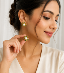 Certified natural freshwater pearls jewellery pearl & green stone floral stud earrings with gold tone setting pearl .