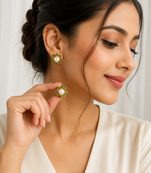 Certified natural freshwater pearls jewellery pearl & green stone floral stud earrings with gold tone setting pearl .