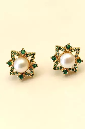 Certified natural freshwater pearls jewellery pearl & green stone floral stud earrings with gold tone setting pearl .