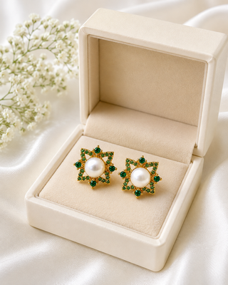 Certified natural freshwater pearls jewellery pearl & green stone floral stud earrings with gold tone setting pearl . 3