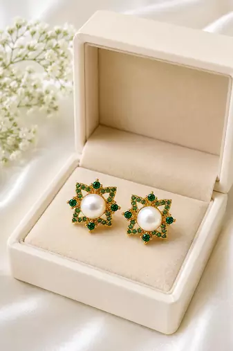 Certified natural freshwater pearls jewellery pearl & green stone floral stud earrings with gold tone setting pearl .