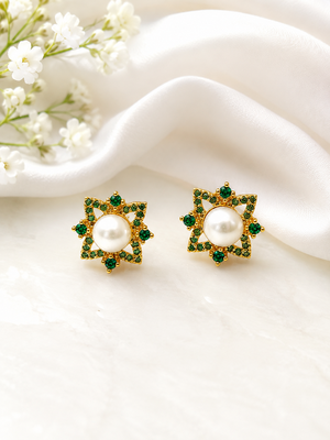 Certified natural freshwater pearls jewellery pearl & green stone floral stud earrings with gold tone setting pearl . 4