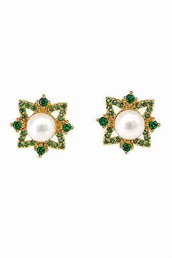 Certified natural freshwater pearls jewellery pearl & green stone floral stud earrings with gold tone setting pearl .